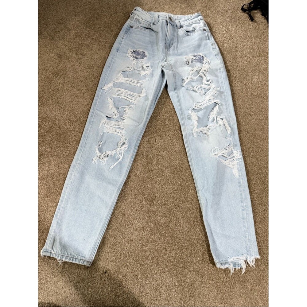American Eagle Outfitters Light Distressed Mom Jeans W/ Paisley Accented Pockets